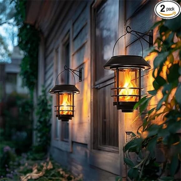 Solar Lanterns Outdoor Waterproof, 2 Pack Flickering Flames Wall Garden Decor - Picture 14 of 16